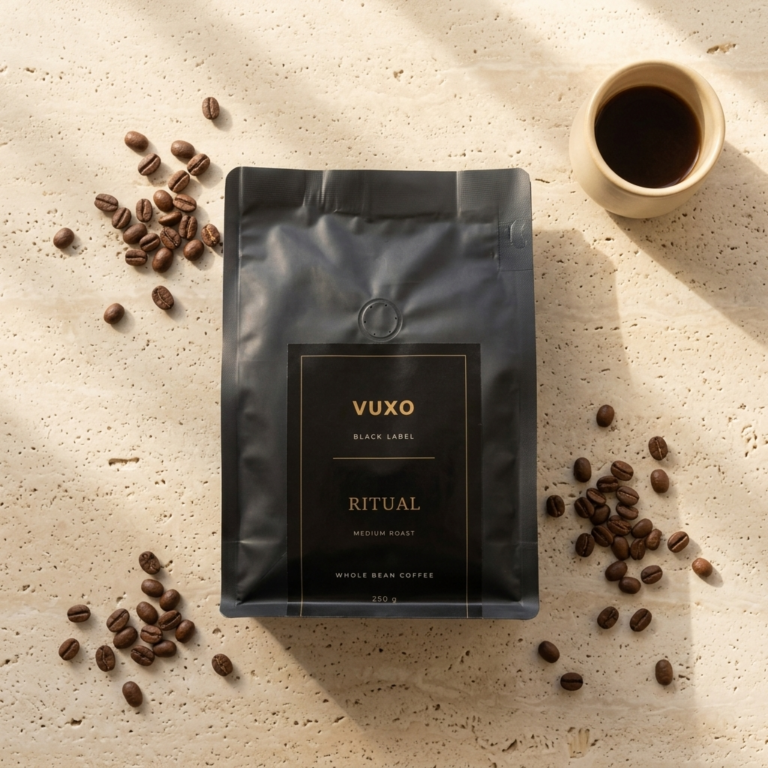 VUXO Black Label Ritual medium roast coffee bag surrounded by whole beans in soft sunlight, with a cup of black coffee nearby