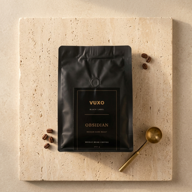 VUXO Black Label Obsidian medium-dark roast whole bean coffee bag on a travertine slab with scattered beans and a brass scoop