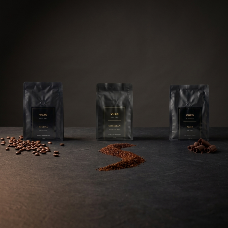 Three VUXO Black Label coffee bags, Ritual, Obsidian and Noir, standing in a row on a dark slate surface with coffee beans, ground coffee and chocolate curls